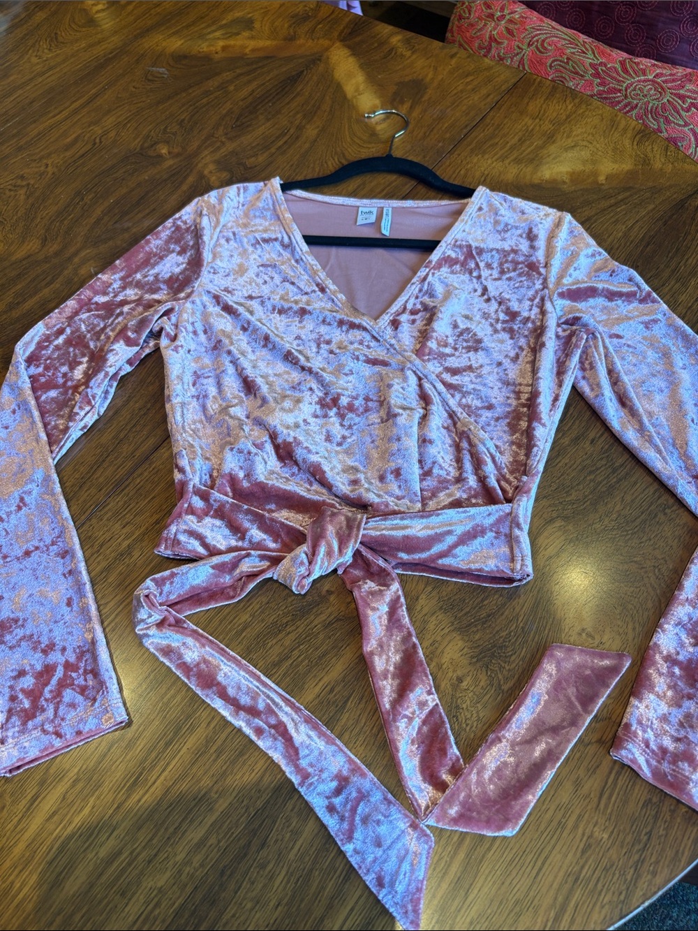 Simons Dusty Rose Crushed Velvet Wrap Crop Top
